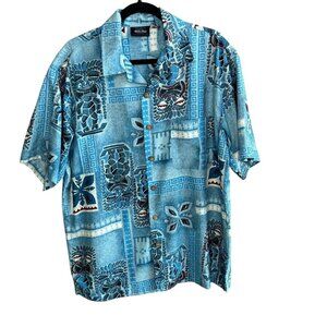 Anchor Blue Vintage Tiki Gods Tribal Short Sleeve Camp Shirt Size Large